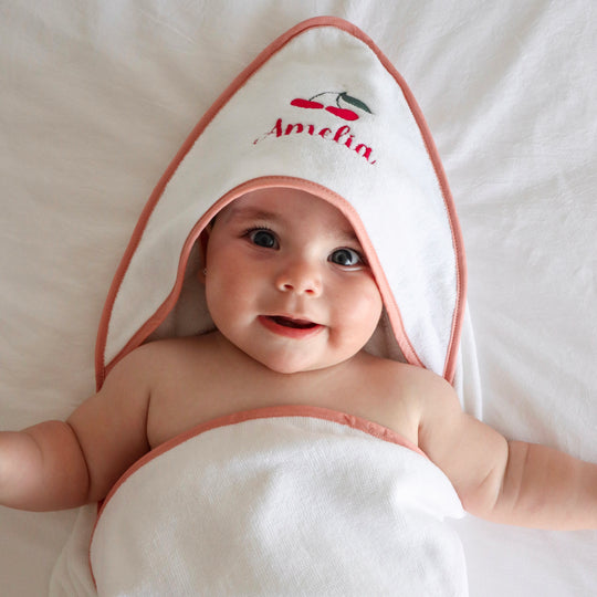 Luxe Baby Hooded Bath Towel - White with Dusty Pink Trim