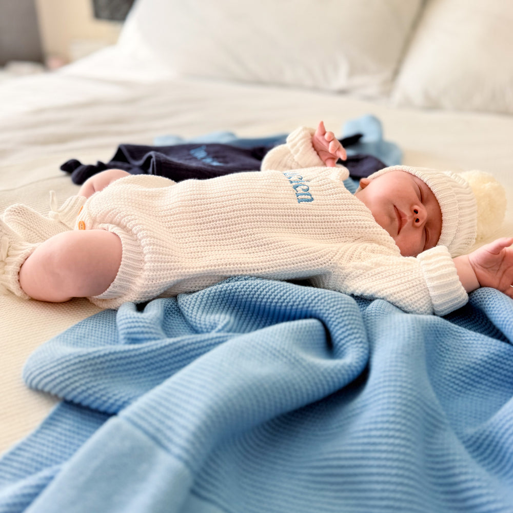 Personalised Cotton Knit Baby Blanket - Blue Bell