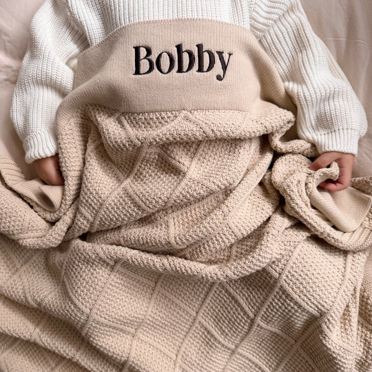 Personalised Diamond Knit Baby Blanket - Oatmeal