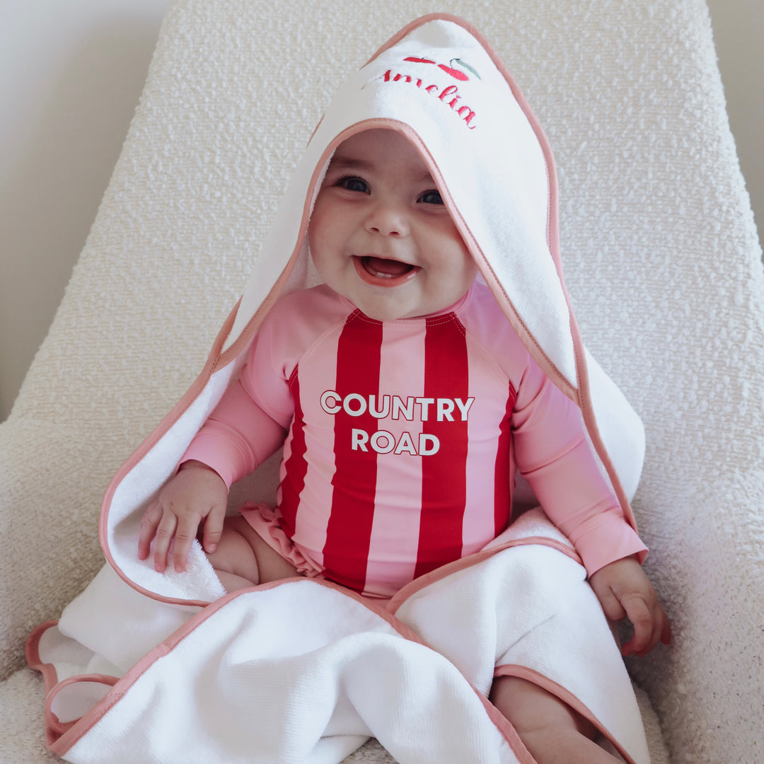 Luxe Baby Hooded Bath Towel - White with Dusty Pink Trim