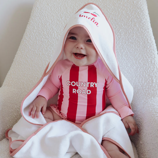 Luxe Baby Hooded Bath Towel - White with Dusty Pink Trim