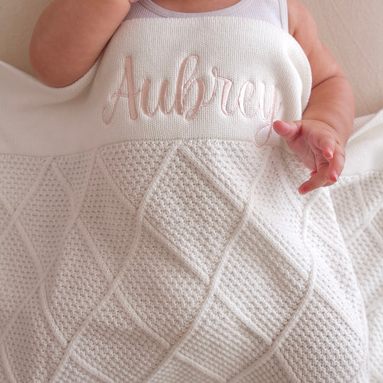 Personalised Diamond Knit Baby Blanket - Ivory