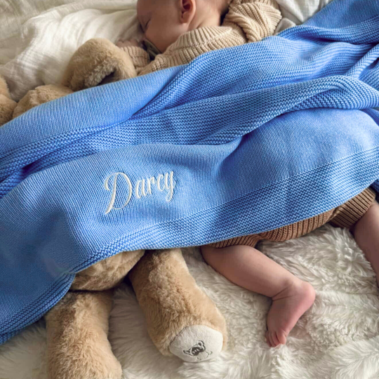 Limited Edition Knit Baby Blanket - Interlocked Trim Detail (Blue Bell)