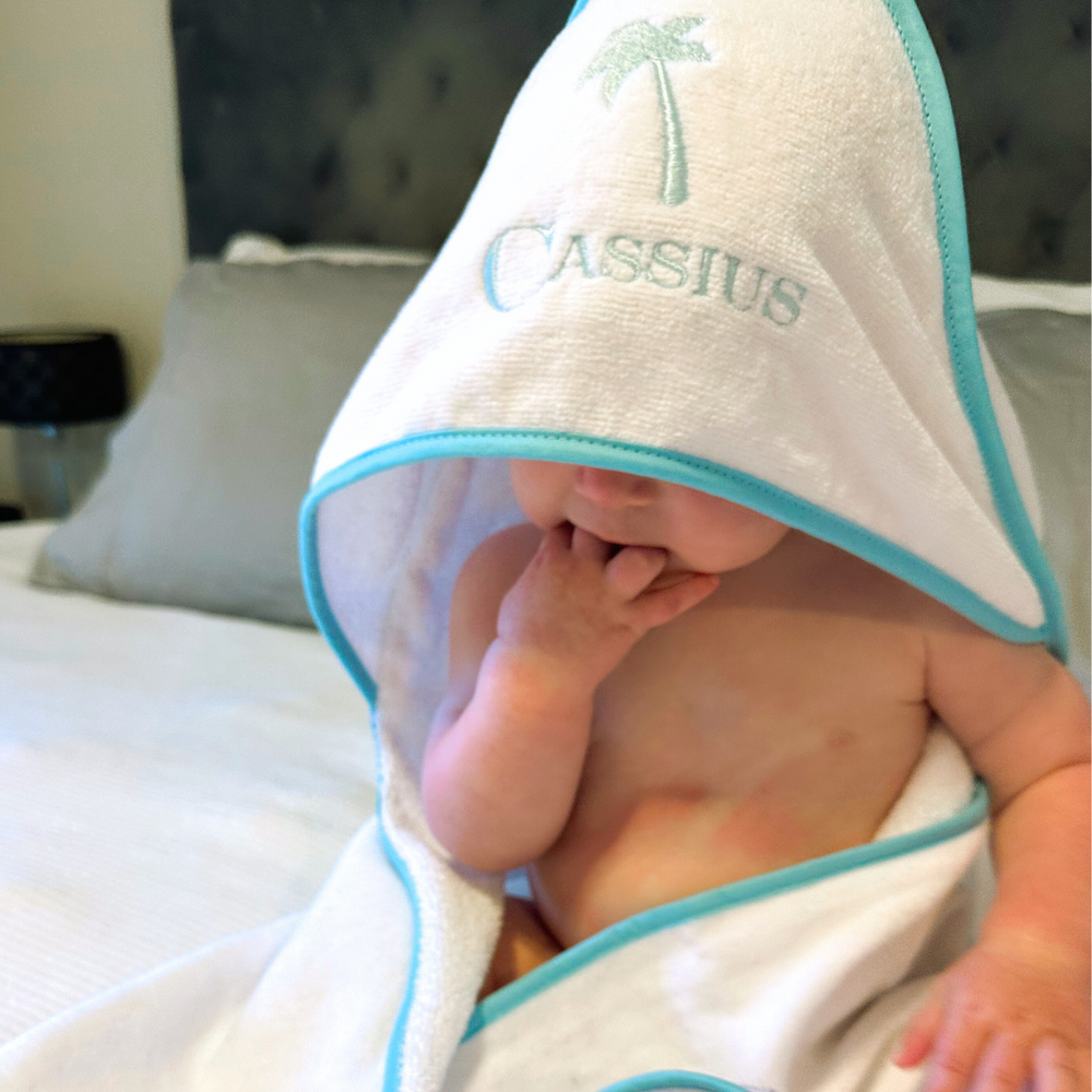 Luxe Baby Hooded Bath Towel - White with Baby Blue Trim
