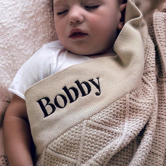 Personalised Diamond Knit Baby Blanket - Oatmeal