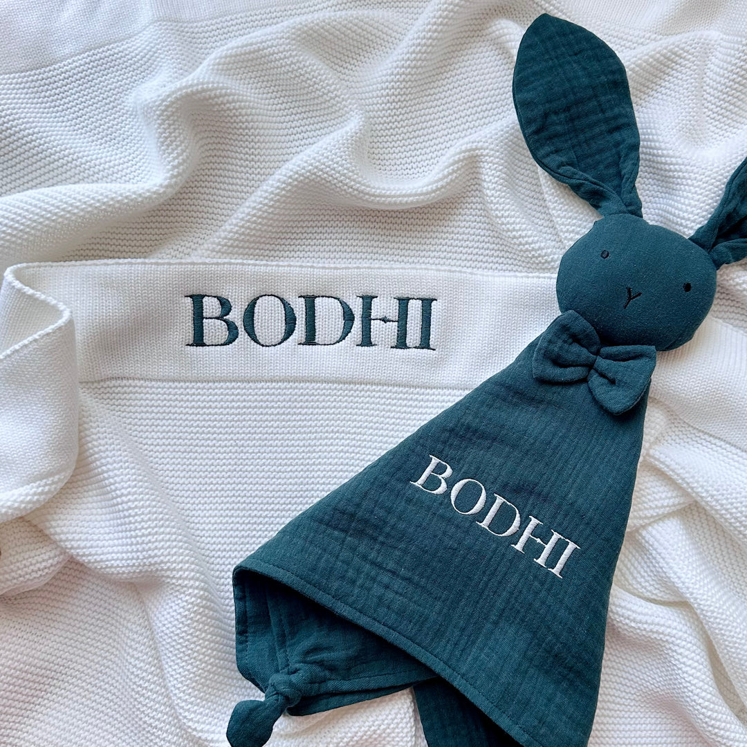 Organic Cotton Muslin Bunny Baby Comforter - Forest Green