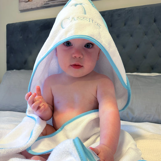 Luxe Baby Hooded Bath Towel - White with Baby Blue Trim