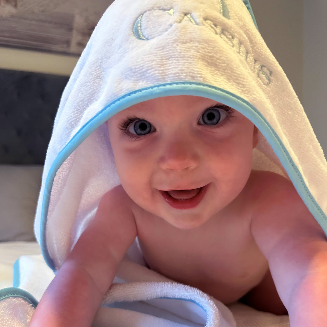 Luxe Baby Hooded Bath Towel - White with Baby Blue Trim