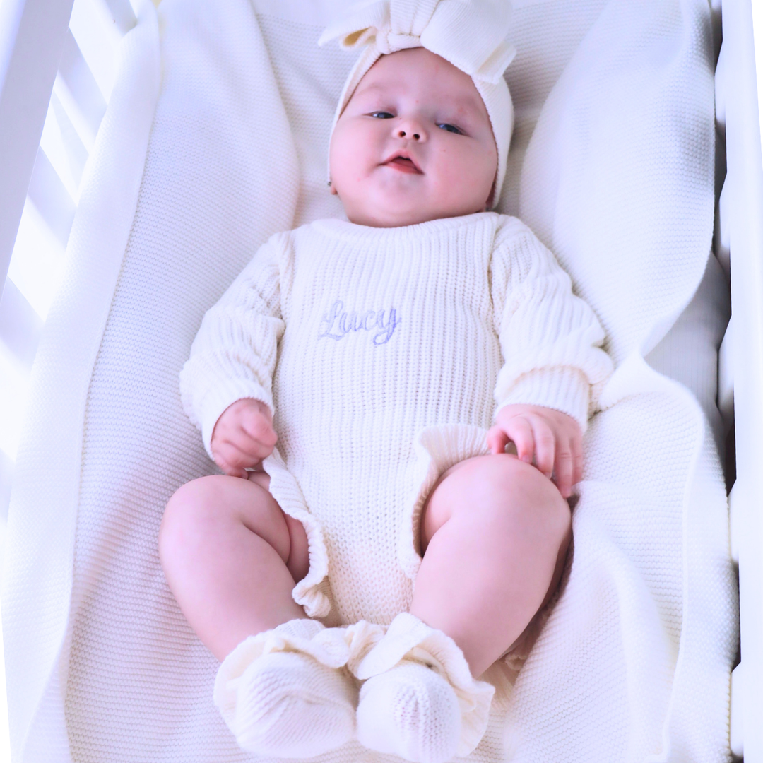 Personalised Frill Knit Baby Romper - Ivory