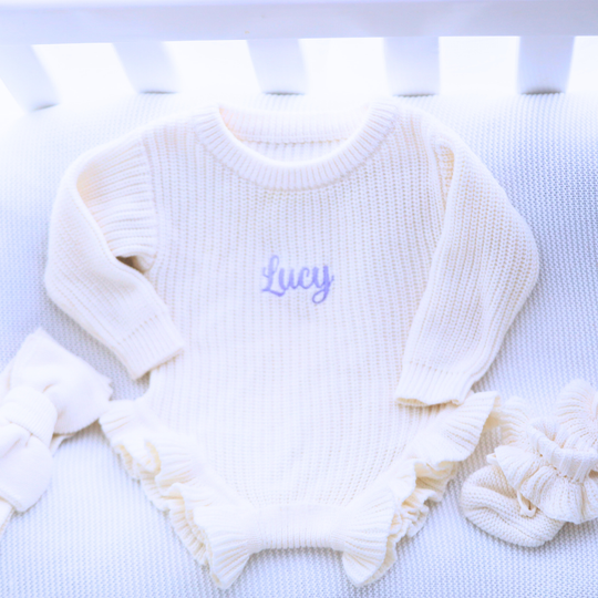 Personalised Frill Knit Baby Romper - Ivory