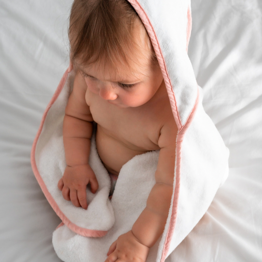 Luxe Baby Hooded Bath Towel - White with Dusty Pink Trim