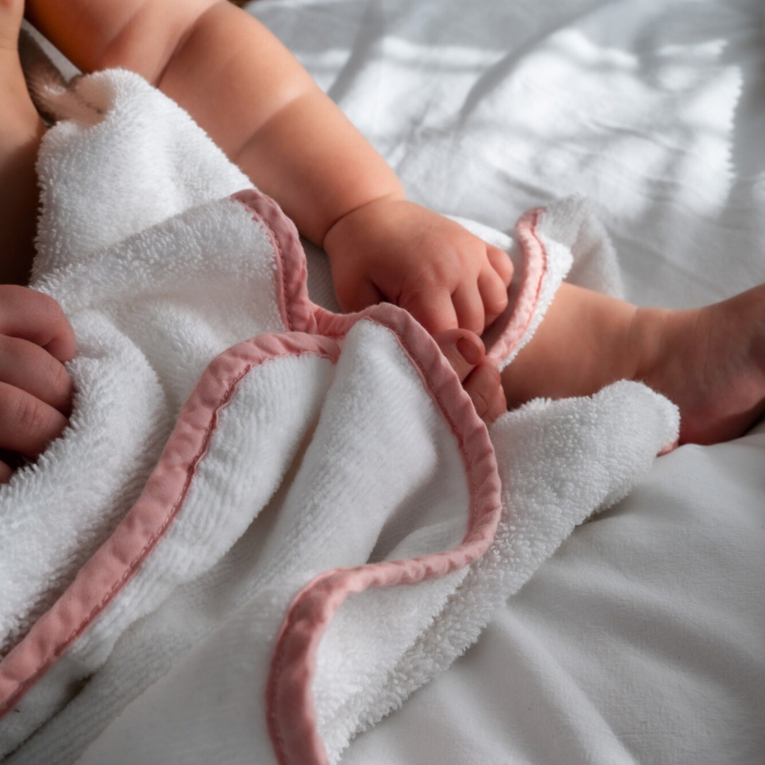Luxe Baby Hooded Bath Towel - White with Dusty Pink Trim