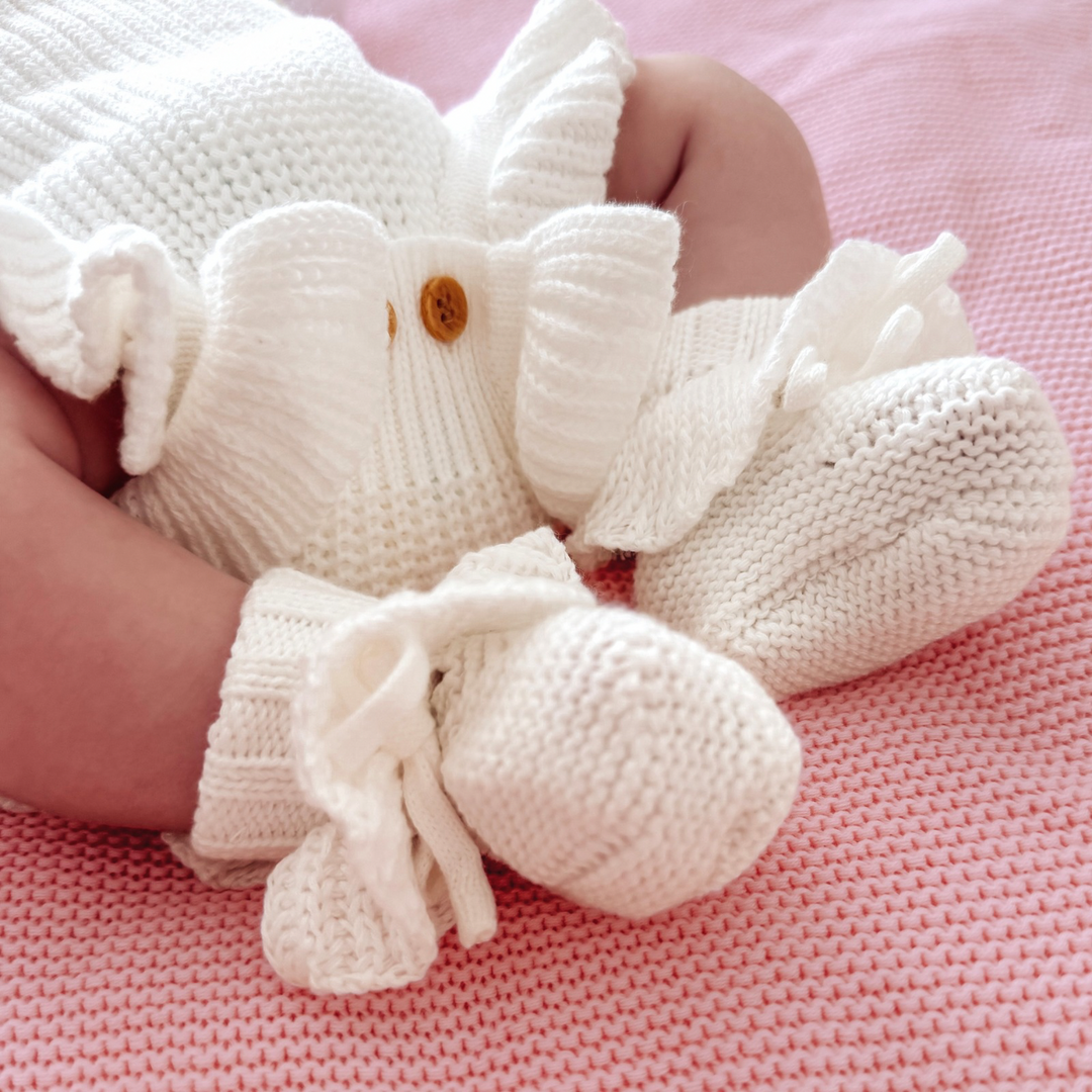 Frill Knit Baby Booties - Ivory