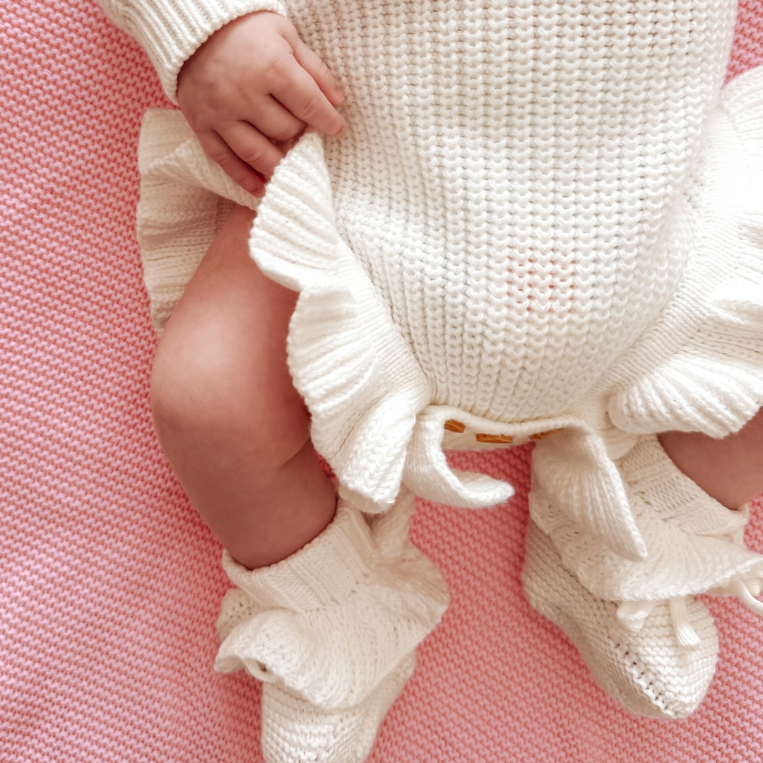 Frill Knit Baby Booties - Ivory