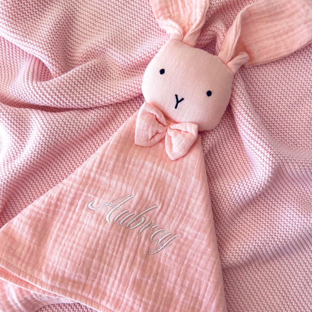 Organic Cotton Muslin Bunny Baby Comforter - Baby Pink