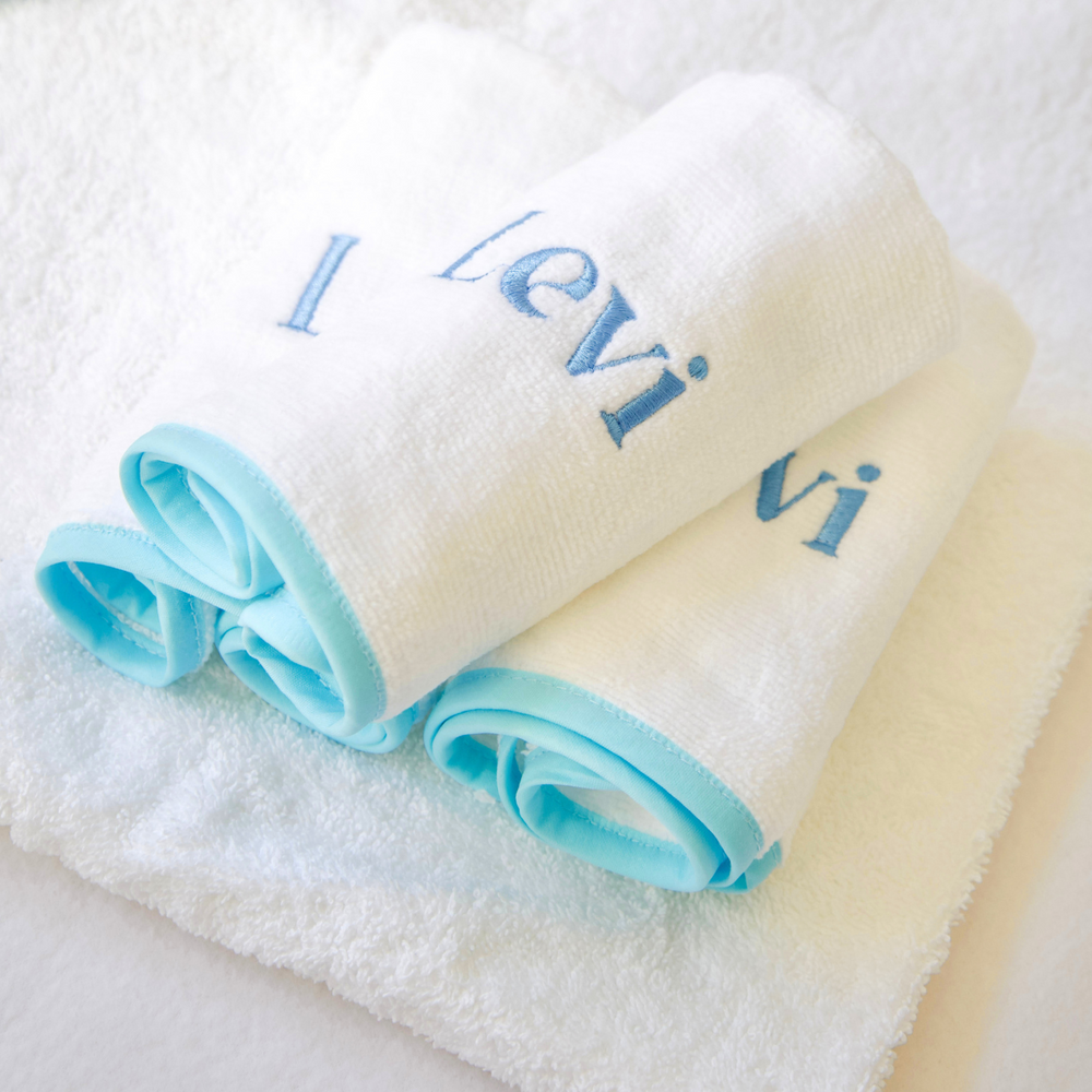 Luxe Baby Face Washer - White with Baby Blue Trim