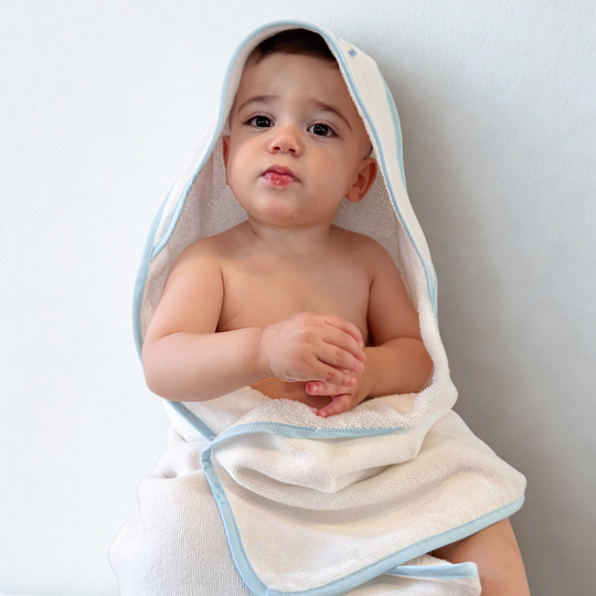 Luxe Baby Hooded Bath Towel - White with Baby Blue Trim
