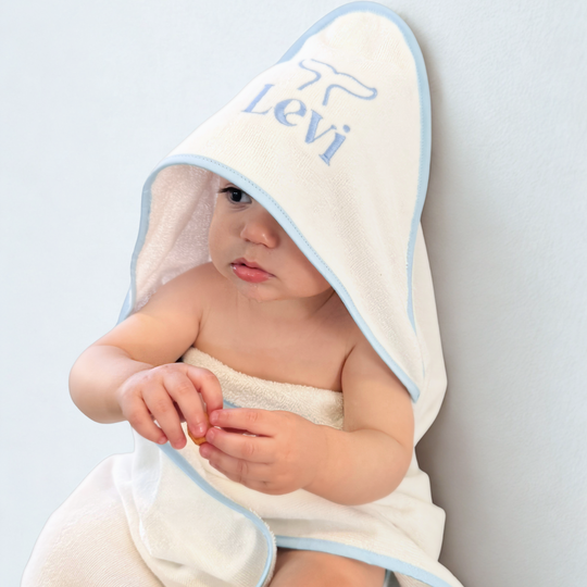Luxe Baby Hooded Bath Towel - White with Baby Blue Trim