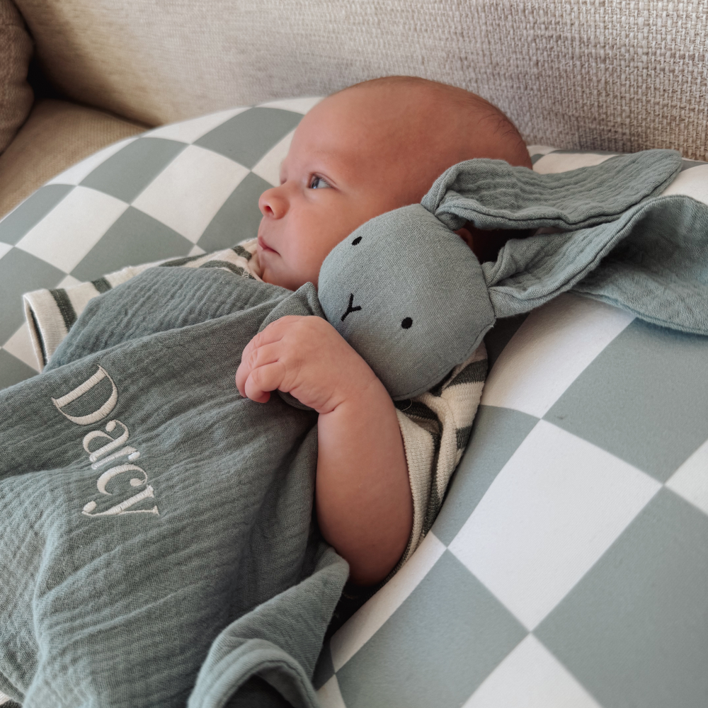 Organic Cotton Muslin Bunny Baby Comforter - Sage Green