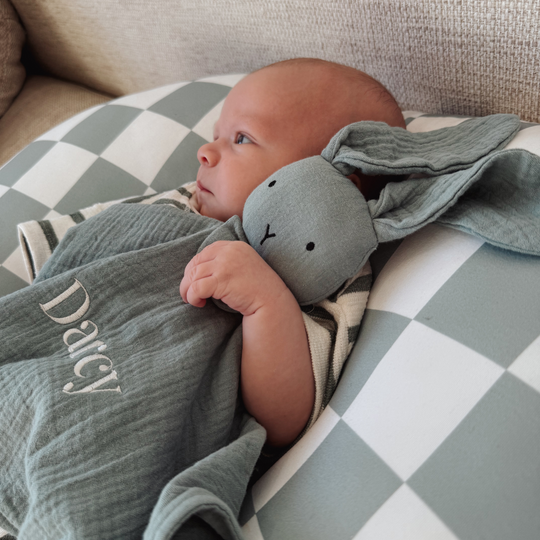 Organic Cotton Muslin Bunny Baby Comforter - Sage Green